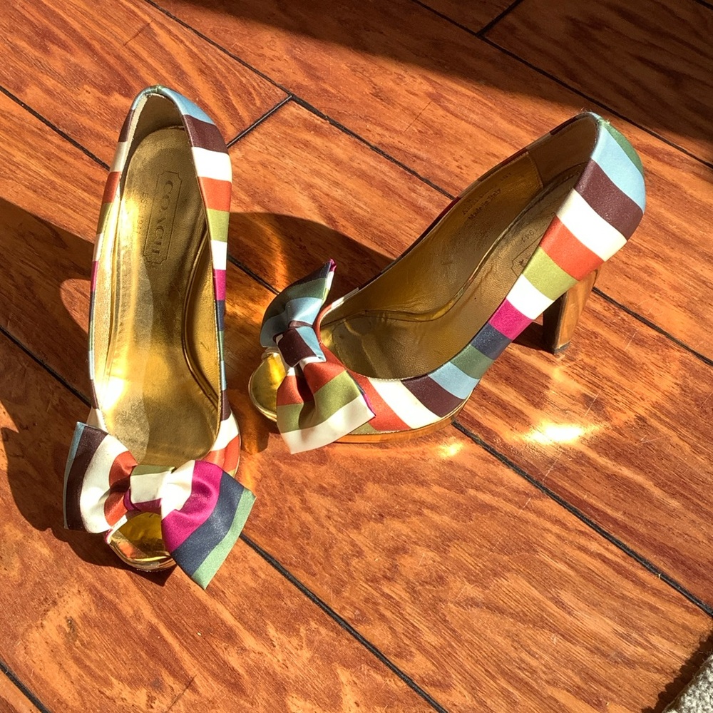 Coach Multicolor Striped Bow Heels